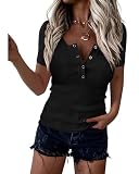 dowerme Women Spring Tops 2025 Short Sleeve Button Up Henley Shirts Slim Fit Ribbed Knit Basic Tee Summer Casual T Shirt(Black,Medium)