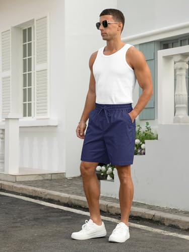 Image of RQP Mens Cotton Linen Shorts Casual Drawstring 7inch Inseam Shorts Stretch Summer Beach Wear