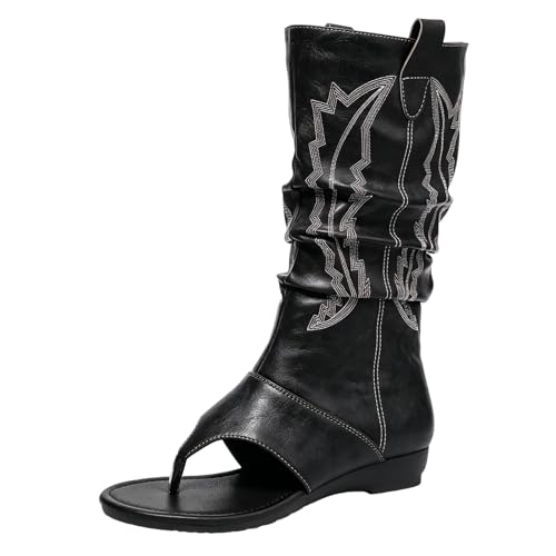 ENEN Botas de Verano Mujer Planas con Tacon, Botas Cowboy Verano Mujer Caladas Sandalias de Dedo Piel Elegante Botines Mujer Tacon Bajo Sandalias Gladiador para Fiesta (10953 Negro,39)
