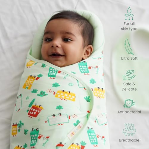 Image of TIDY SLEEP Baby Swaddle Wrappper Adjustable for Newborn || 100% Cotton Soft || Newborn Blanket for 0-3 Months (Green Wild City)