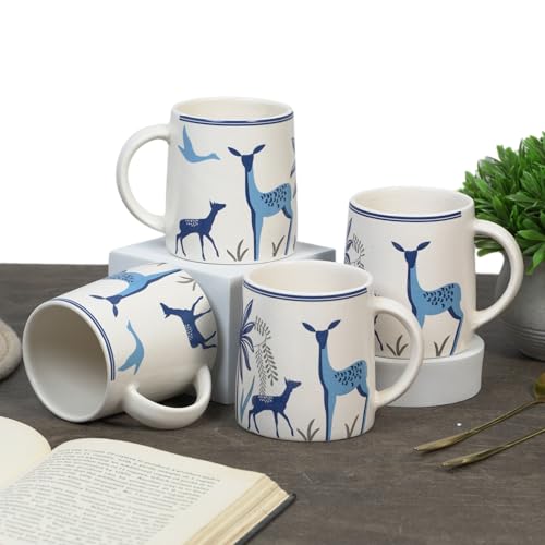 Image of CRAF10 Blue Stag Ceramic Coffee /Tea Mugs - Set of 4, 330 ML Each, Elegant & Durable, Microwave & Dishwasher Safe