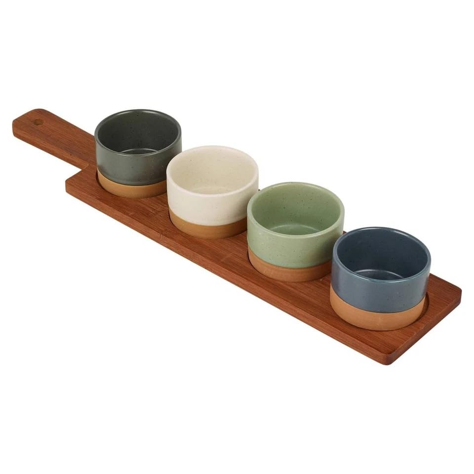 URBNLIVING Bamboo Serving Set – Snack & Tapas Board with Dip & Condiment Bowls, Nibbles Platter for Entertaining, Family Meals & Parties (Set of 5)