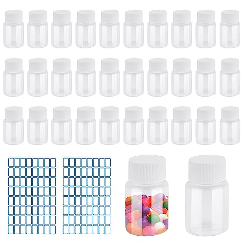 Ezydka Lot de 30 petites bouteilles en plastique transparent 30 ml avec 2 étiquettes gratuites - Mini bouteilles à remplir pour cosmétiques, camping et...