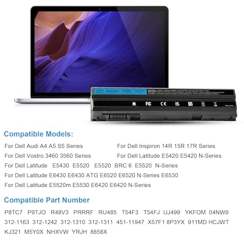 ASUNCELL 11.1V/60Wh T54FJ Laptop Battery for Dell Latitude E5420 E5420 E5430 E5520 E5530 E6420 E6430 E6520 E6530 Series, Audi A4 A5 S5 Series, Dell Inspiron 14R 15R 17R, Vostro 3460 3560 - Image 2