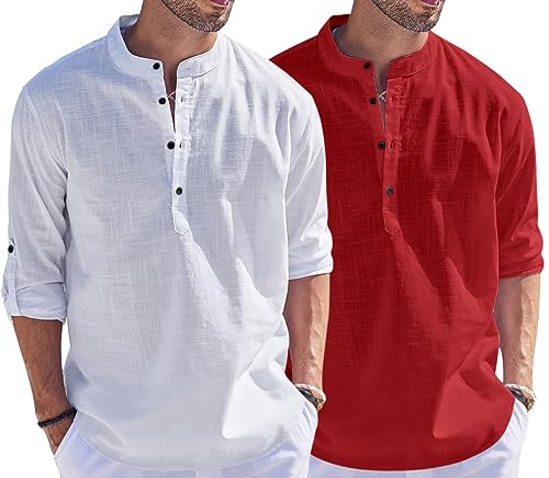 Image of Bellstone Men's Cotton Blend Straight Kurta Shirt Combo with Mandarin Collar - Slim Fit Casual Short Kurti Set Featuring Textured Slub Fabric and Roll-Up Full Sleeves