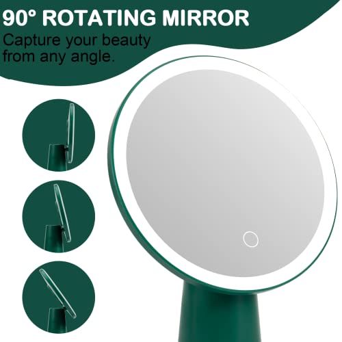 Naorwoy High Definition Makeup Mirror With Lights，7.7"High-Definition Mirror Surface， With 3 Color Setting Adjustable Led Vanity Desk Mirror。 90° Rotation Dimmable Rechargeable Make Up Mirror (Green) #TOP3