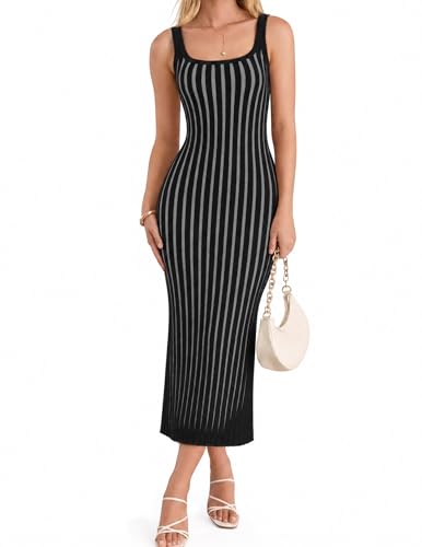 Image of ZESICA Women's 2026 Summer Bodycon Midi Dress Casual Sleeveless Square Neck Side Slit Knit Beach Vacation Long Dresses