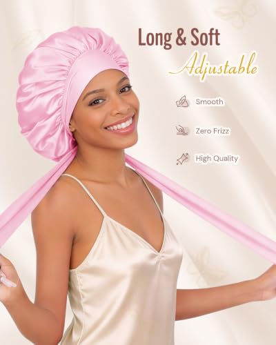 Image of BONNET QUEEN Double Layer Silk Bonnet for Sleeping for Women Satin Lined Bonnet Night Cap for Curly Hair with Tie Band,Pink