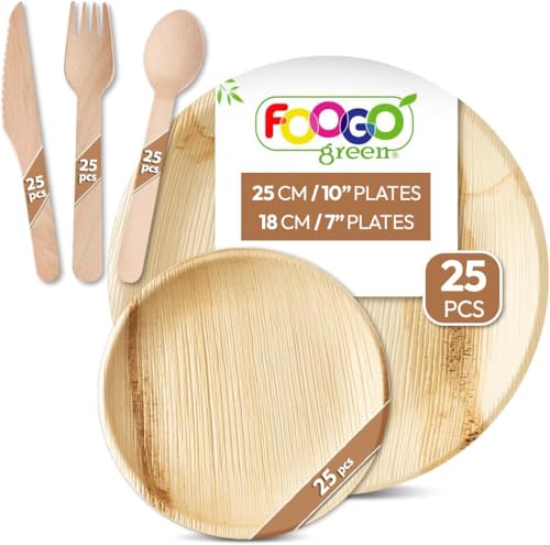 FOOGO Green 125pcs Disposable Palm Leaf Plates and Wooden Cutlery Set, FSC® Certified, 25x Large Round, 25x Small Side Plates, 25x Spoons, 25x Forks, 25x Knives, Eco Biodegradable