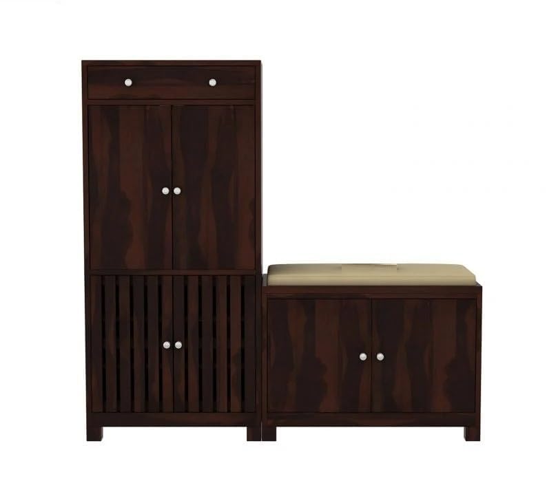 Image of Wooden Shoe Cabinet with Seating | Solid Wood Shoe Rack for Home | Big Shoe Rack with Door | Storage Cabinet for Living Room (Walnut Finish)