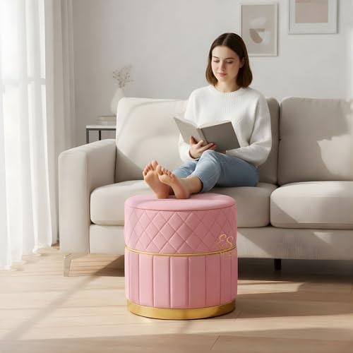 Image of Set of 2 Round Velvet Ottoman Footstool Gold Base - Tufted Upholstered Pouffe Stool for Living Room, Bedroom & Dressing Area (Baby Pink)