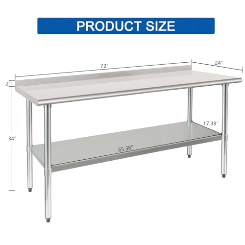 Image of HARDURA Stainless Steel Table Prep & Work Table 24 x 72 Inches NSF Heavy Duty Commercial with Undershelf and Backsplash for Restaurant Kitchen Home and Hotel