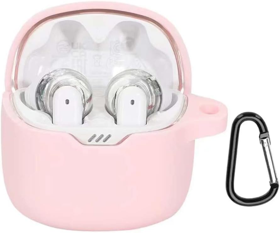 GadgetComCase Compatible with JBL Tune Flex, Shockproof Silicone Cover Earphone Pouch With Carabiner (Pink)