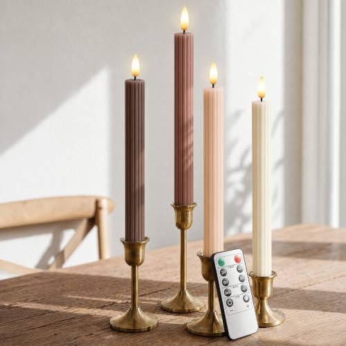 West Ivory Mocha Brown Coordinated Chocolatey 4 Pack, 10" Real Wax LED Flameless Fluted Ribbed Grooved Taper Candles, Remote & Timer Memory, On/Off Button, Dimmable, Battery Operated, Menorah Wedding by West Ivory - Used condition - Image 7