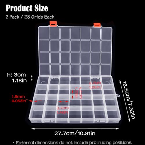 Image of 2 Pack 28 Grids Clear Bead Storage Containers with Adjustable Compartment Dividers for Fishing Tackle with Label Stickers,Craft,Beads,Jewelry,Small Parts