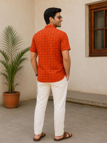 Image of LATEST CHIKAN Men's Cotton Printed Short Kurta | Half Sleeve Band Collar Ethnic Wear | Radhe Print Casual Festive Traditional Kurta for Men