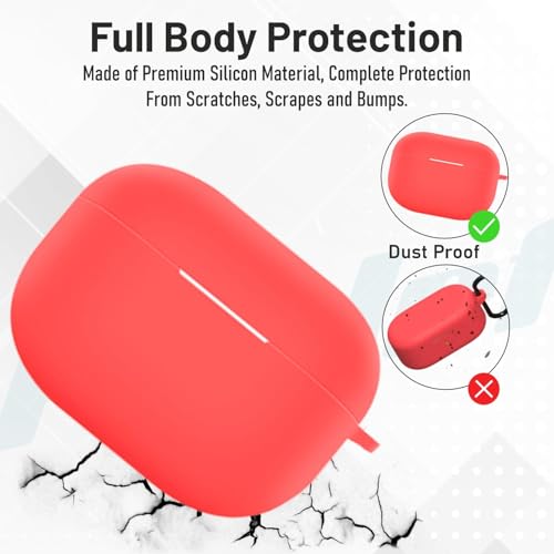 Image of Prolet Silicone Case for Realme Buds T300, Soft 360 Full Protection Shockproof Dustproof Cover with Carabiner Hook, Anti-Slip Durable Protective Case for Realme Buds T300 Earbuds - Red