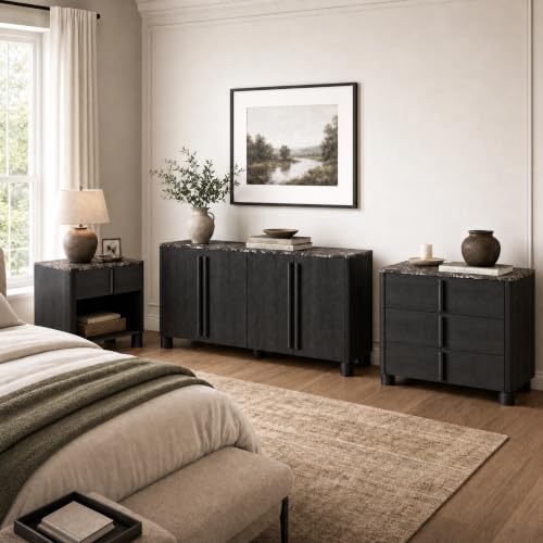 Image of Caldera Collection 3-Piece Furniture Set, Faux Marble & Wood Storage Set with Nightstand, 3 Drawer Accent Cabinet and 4 Door Sideboard Buffet Cabinet, Curved Design with Rounded Body, Black Grey