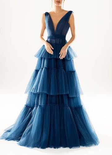 Tiered Tulle Prom Dress Long Ball Gown Double V Neck A Line Ruffle Formal Dresses Prom Gowns for Women4