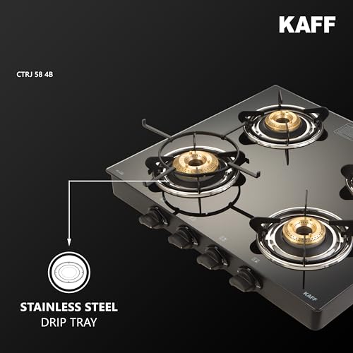 Image of KAFF Cooktop | 4 Burners with Slim Line Design 58 CM | 1 Jumbo burner | High Efficiency Brass Burners, Black Tempered Glass | Matt Enamelled Pan Support | Black | CTRJ58-4B
