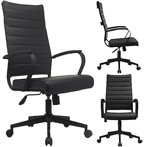 2xhome Contemporary Mid Century Modern High Back Tall Ribbed PU Leather Swivel Tilt Adjustable Chair with Back Swivel Wheels Designer Boss Executive Office (All Black), Single, Set of 1