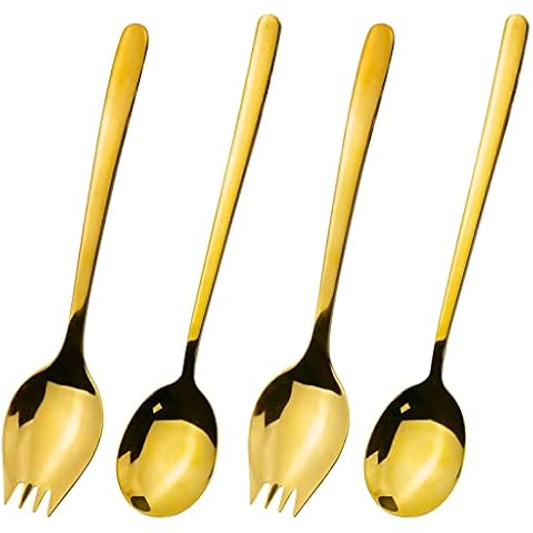 inodiref 4 Stücke Gold Salatbesteck Edelstahl Salatbesteck Set Edelstahl Salatlöffel & Salatgabel für Zuhause, Camping, Restaurant Cover