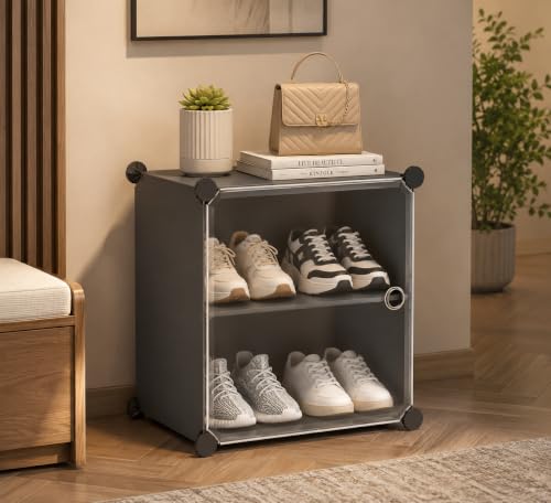Image of Strassis Design Plastic Shoe Rack for Home | 12 Shelf DIY Shoe Rack with Door Magnets for Home Storage Plastic Box Organizer, Metal Door Frame, Chappal Slipper Sandals Stand (Grey,4 Door)