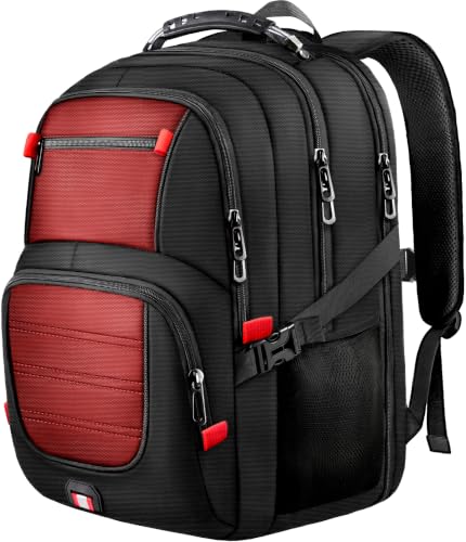 Image of Large Travel Backpack, 17.3 inch Laptop Backpack, Red | 45L Capacity, 180 TSA-Friendly Carry On, Laptop Compartment, Water-Resistant, Adjustable Strap for Work Travel College