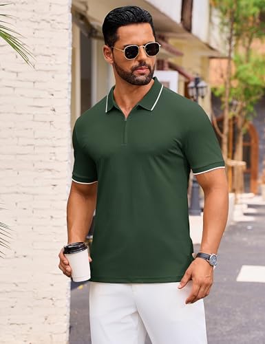 Cotrasen Mens Zipper Polo Shirts Casual Short Sleeve Ribbed Knit T Shirts Smmer Slim Fit Golf Polo Shirts2