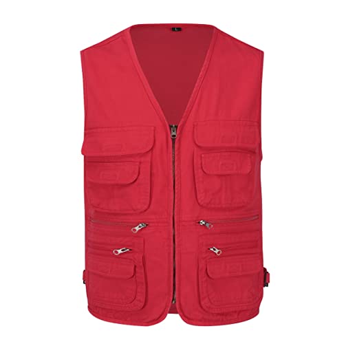 Image of YOUTHUP Mens Gilet Multi Pocket Cargo Utility Safari Waistcoat Outdoor Fishing Hunting Vest,Red,L