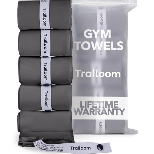 Trailoom Microfiber Workout Towels - Quick Dry, Highly Absorbing, Odor-Free, for Men & Women - Gym Sweat Sports Towel for Hot Yoga, Tennis, Running, Exercise, Working Out, Camping, Set of 5 Dark Gray