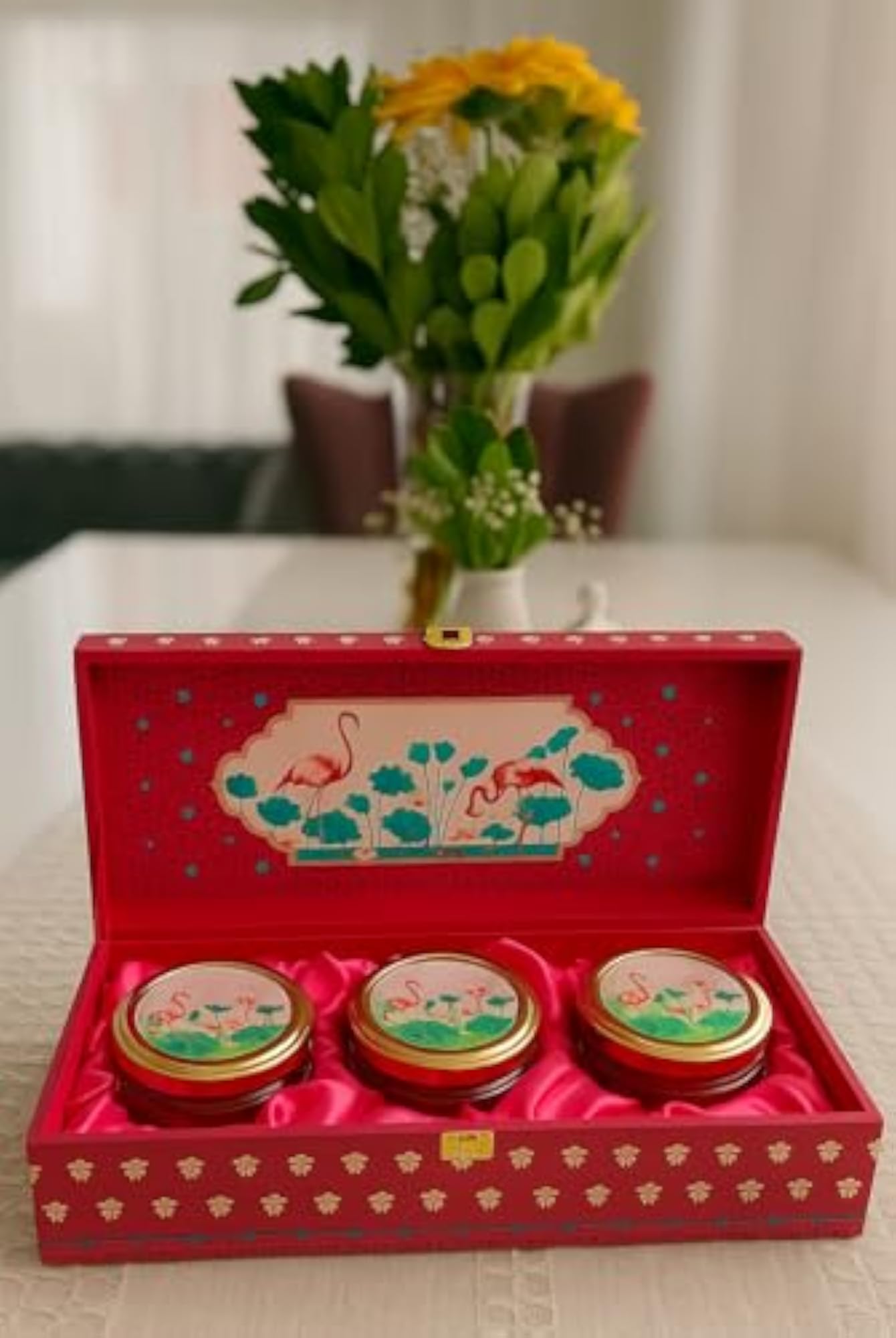 Decorative Gift Box Set with 3 Jars, Flamingo Theme