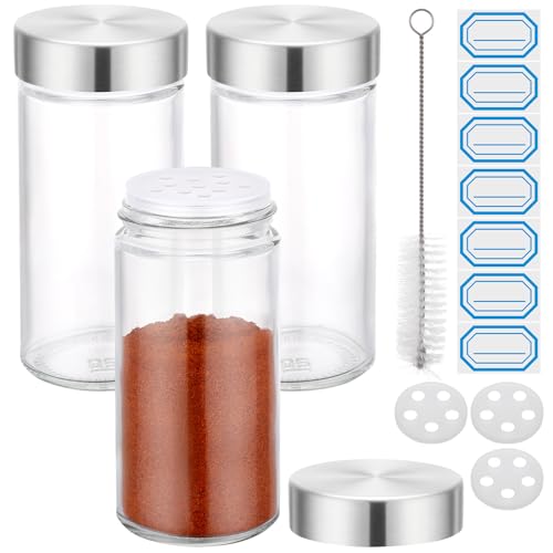 Segarty 3oz Spice Jar with Stainless Steel Shaker Lids, 3 Pack 90ml Round Spices Jars for Salt and Pepper Storage, Small Glass Seasoning Container Set, Empty Spice Shakers with 7 Stickers and 1 Brush