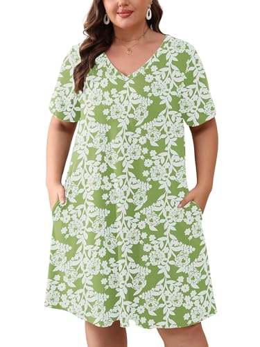 AusLook Plus Size Midi Dress for Women Green Roses 4X Short Sleeve Loose V Neck Summer Casual A Line Knee Length Work Outfit T Shirt 2026 Sundresses with Pockets
