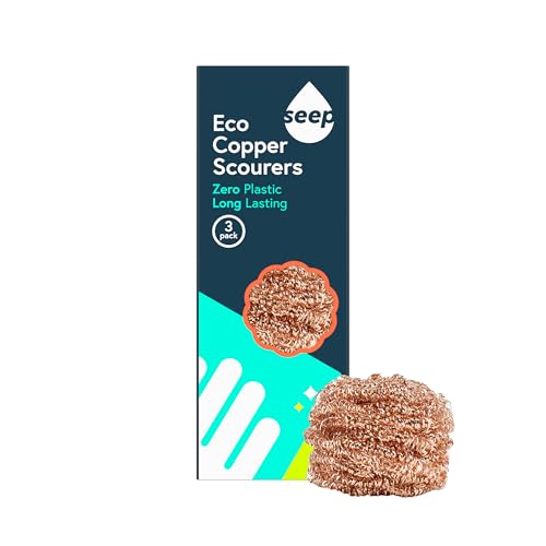 Seep Recyclable Wire Metal Copper Scourer Pads 3 Pack - Spiral 100% Copper Scourer - Long Lasting Pan Scourers For Cleaning - Heavy Duty Scrubber