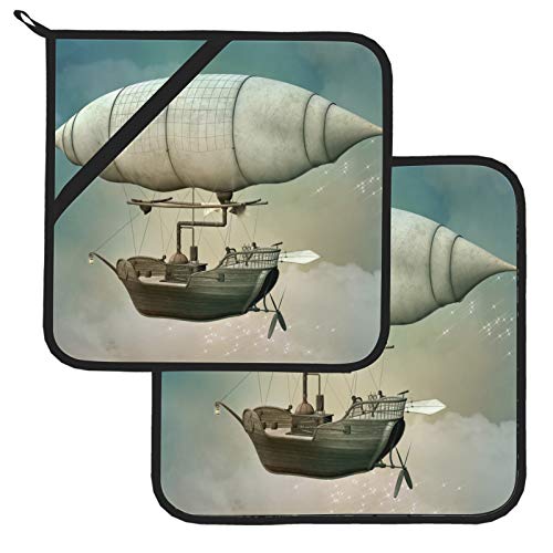 Funny 3D Steampunk Hot Air Balloon Kitchen Sets Heat Resistant Heat Resistant Pot Holders 2 Pcs Oven Pot Holders 8×8 Inch For Cooking And Baking #TOP23