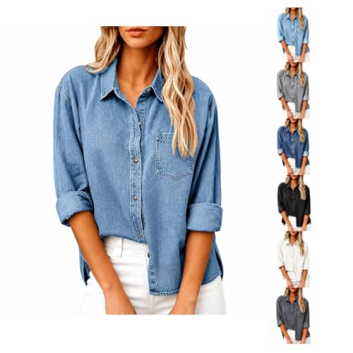 Aniywn Jean Button Up Shirt for Women Oversized Long Sleeve Jean Shirt - image 1