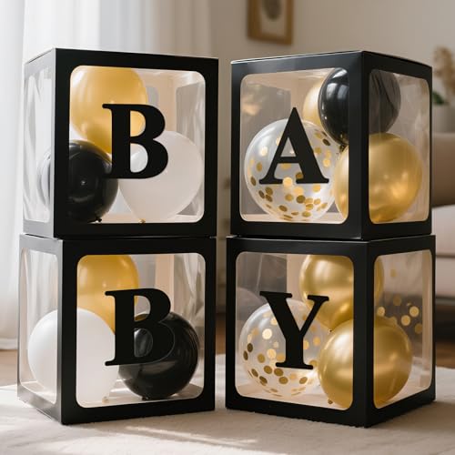 Image of Ledido Baby Boxes with Letters for Baby Shower Decorations with 38 Balloons, 4 pcs Clear Baby Balloon Boxes Blocks for Baby Shower Decor Boy Girl Gender Reveal Decorations Backdrop Party (Black)