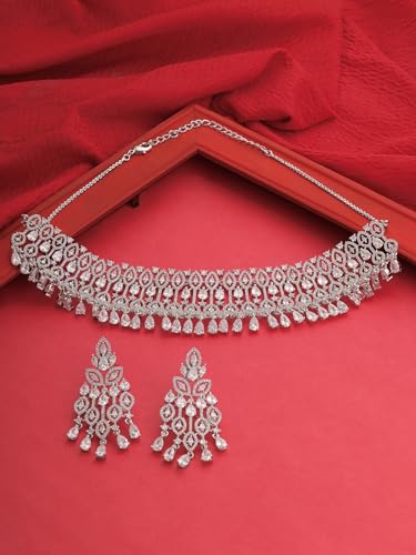 Image of ZAVERI PEARLS Silver Tone Dazzling Cubic Zirconia Brass Choker Necklace & Earring Set For Women-ZPFK17340