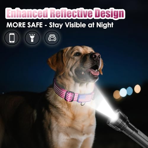 Image of Martingale Dog Collar Reflective with USA Flag Patch, M,Hot Pink | Escape Proof without choking,Adjustable Limited Slip Collar with Quick Release Buckle, Nylon Walking Collar for S M L Dogs