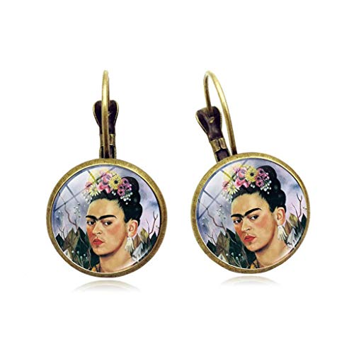 Lvyuanda Mexico Art Pain French Hook Earrings Glass Cabochon Frida Kahlo Portrait Jewelry (Bronze)