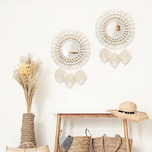 Dremisland Hanging Wall Mirror-Boho Macrame Fringe Round Decorative Mirror With Wood Beads Feather Pendant，Art Ornament For Apartment Home Bedroom Living Room #TOP2