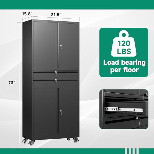 Image of Letaya Metal Garage Storage Cabinet with Wheels,Rolling Tool Cabinet with 4 Door Lock-Adjustable Shelves and 2 Drawer for Garage Home Office Utility Room (Black with Wheels)