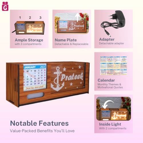 Image of Desk Organizer with LED Name Lamp | Customized Gift for Men, Women, Teachers, Doctors, Dad, Husband | Pen Holder, Table Lamp | Personalized Birthday Gift | Office Organizer - Three Box