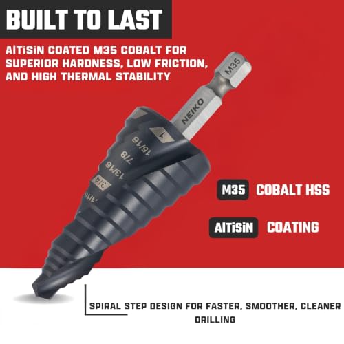 Image of NEIKO 10625B Step Drill Bit, 9 Steps 1 /2 inch to 1 inch Spiral M35 Cobalt, AlTiSiN Coated, 1 /4 inch Quick Change Step Bits for Steel, Metal, Wood, Plastic, Unibit Cone Drill Bits, Two Flute