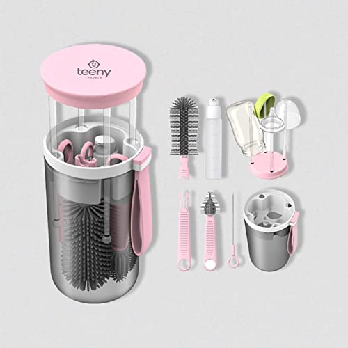 Image of Teeny Travels Baby Bottle Cleaning Kit - Extendable Silicone Cleaning Brush, Built in Drying Rack, Straw Cleaner and Nipple Brush - Easy to Clean, Made for Travel, Family Friendly (Pink)
