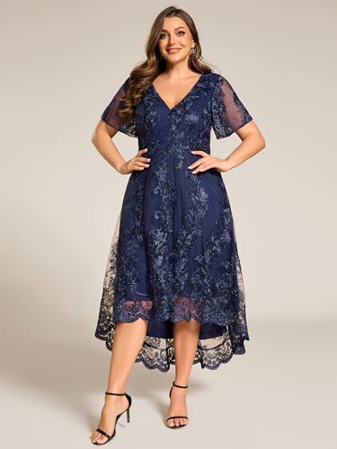 Ever-Pretty Plus Women's V Neck Short Sleeves High Low Embroidery A Line Plus Size Midi Formal Wedding Guest Dresses 02255-DA4