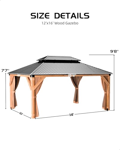 Hardtop Wood Gazebo 12'x16' for All Weather, with Double Metal Roof, Heavy Duty Wooden Frame, Net, and Curtain, Permanent Building for Patio, Deck, Backyard, Lawn, and Garden, Khaki