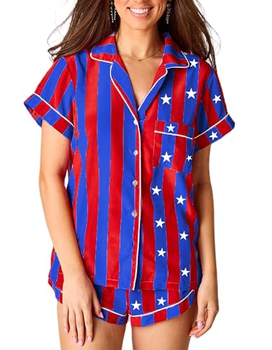 Image of NUFIWI Women 4th of July Outfits American Flag Short Sleeve Shirt Striped Shorts Lounge Set Two Piece Pajama Sleepwear