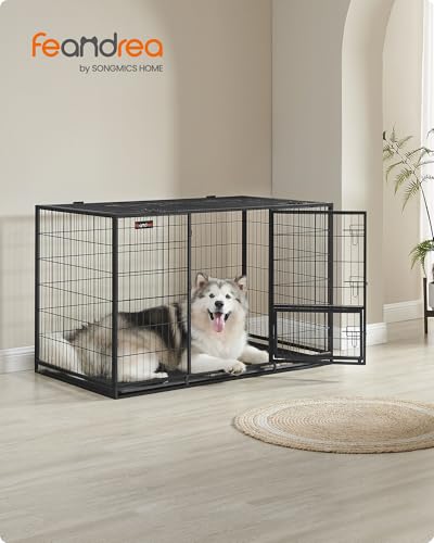 Feandrea Haustierkäfig hochbelastbar, Gitterbox, transportabel, 139 x 79 x 87 cm, für mittelgroße, große Tiere, sicher, 2 abnehmbare Türen, XXXL, tintenschwarz PPD004B01